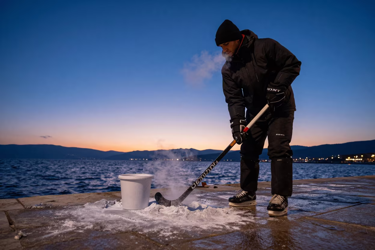 Winter Hockey Player Near Harbor Quay in Denizli in at a harbor quay near Denizli