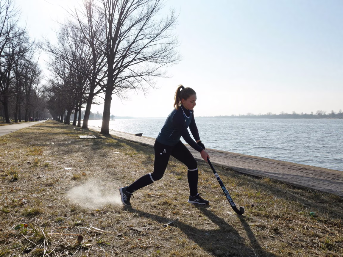 Winter Hockey Striker Riverbank Glare in by a riverbank near Warsaw