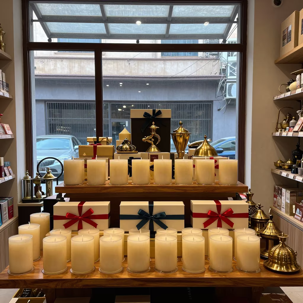 Winter Holiday Candles and Ornaments Display in inside a storefront display zone in Lucknow