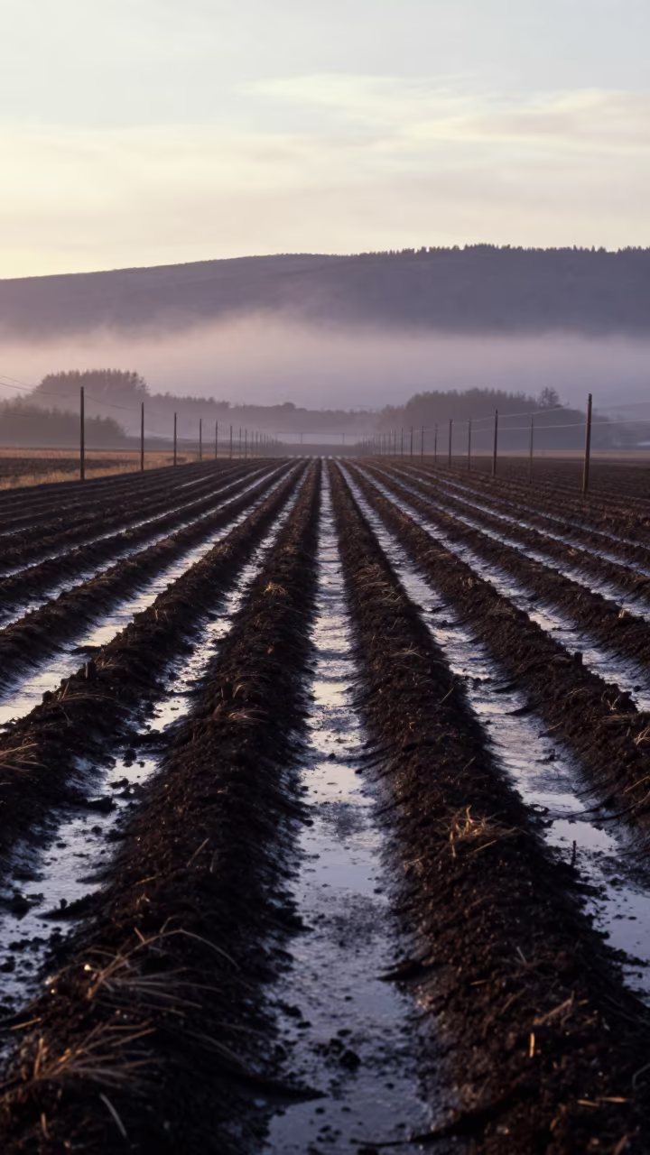 Winter Hop Yard Dawn Haze Over Patagonian Rows in beside a tractor track through dark soil in Patagonia