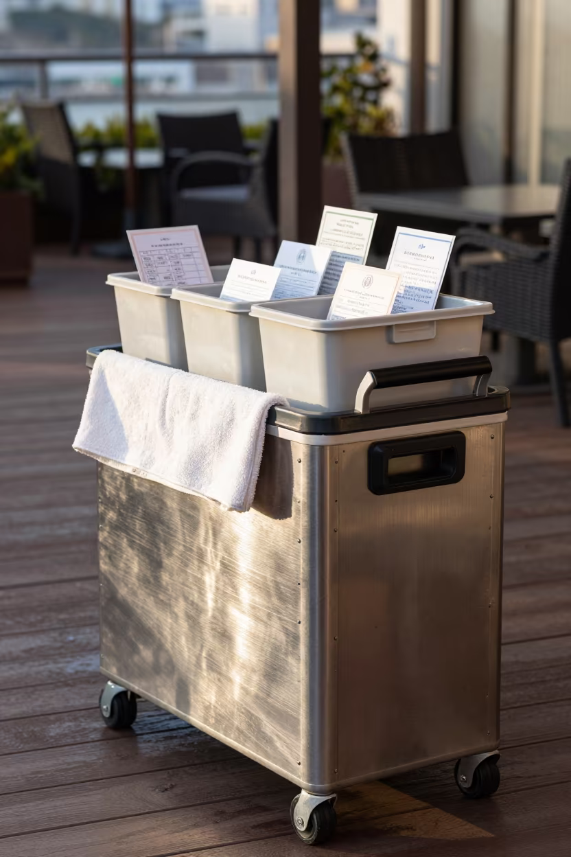 Winter Hotel Cooler Cart Ready for Osaka Dinner in in a hotel courtyard prepared for dinner in Osaka