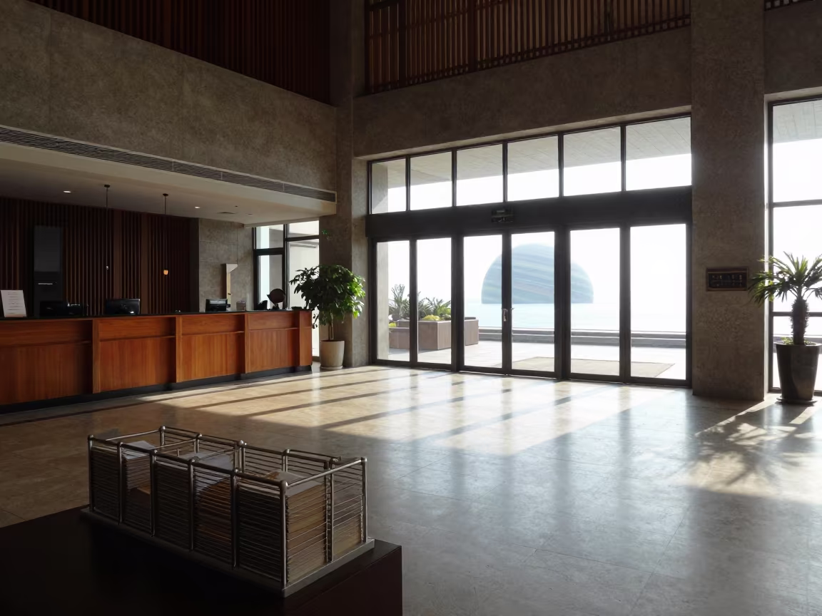 Winter Hotel Lobby with Ringed Planet in inside a hotel lobby near Xiamen