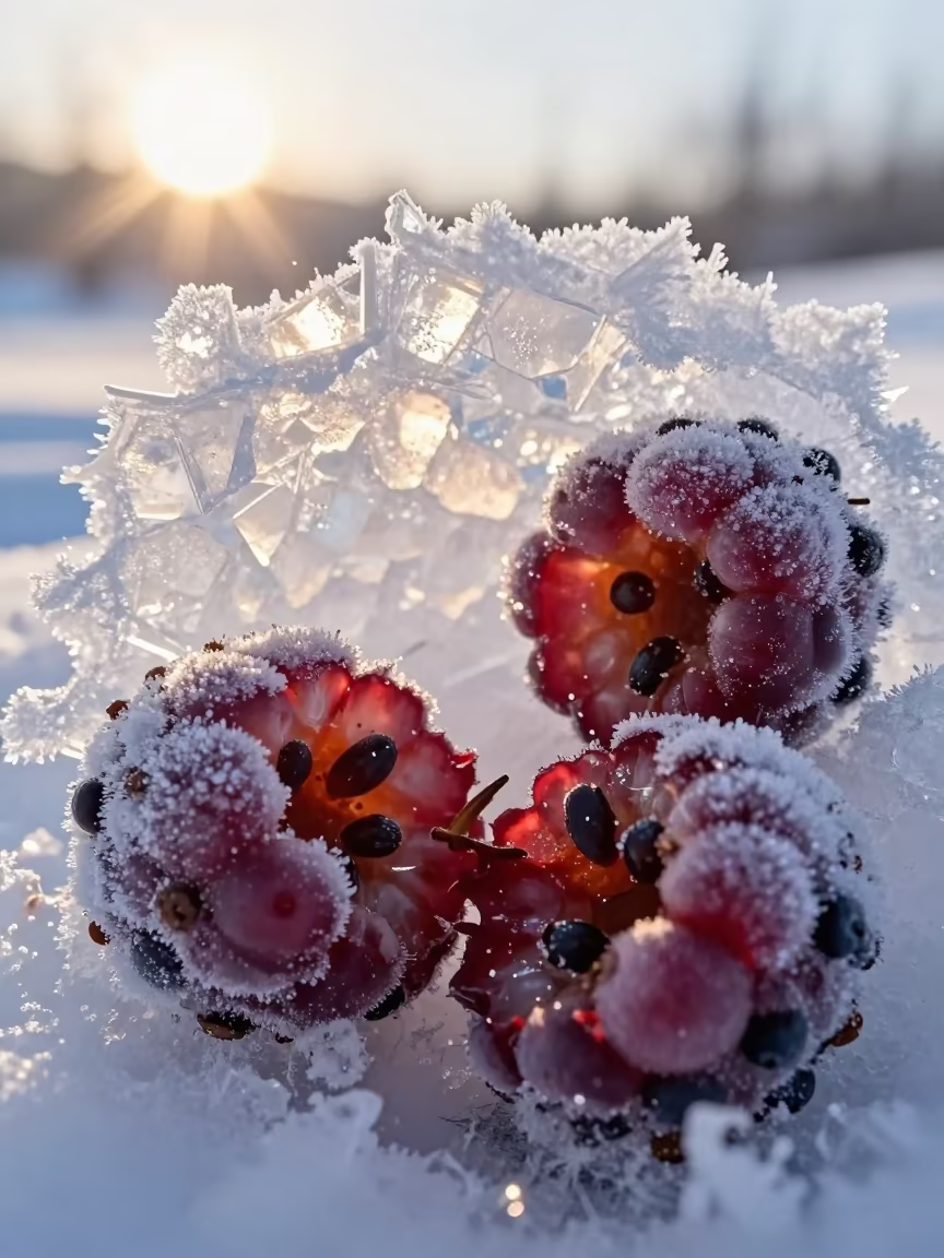 Winter Ice Crystal Lattice in Frozen Berry Sapporo in inside a seed pod split open in Sapporo
