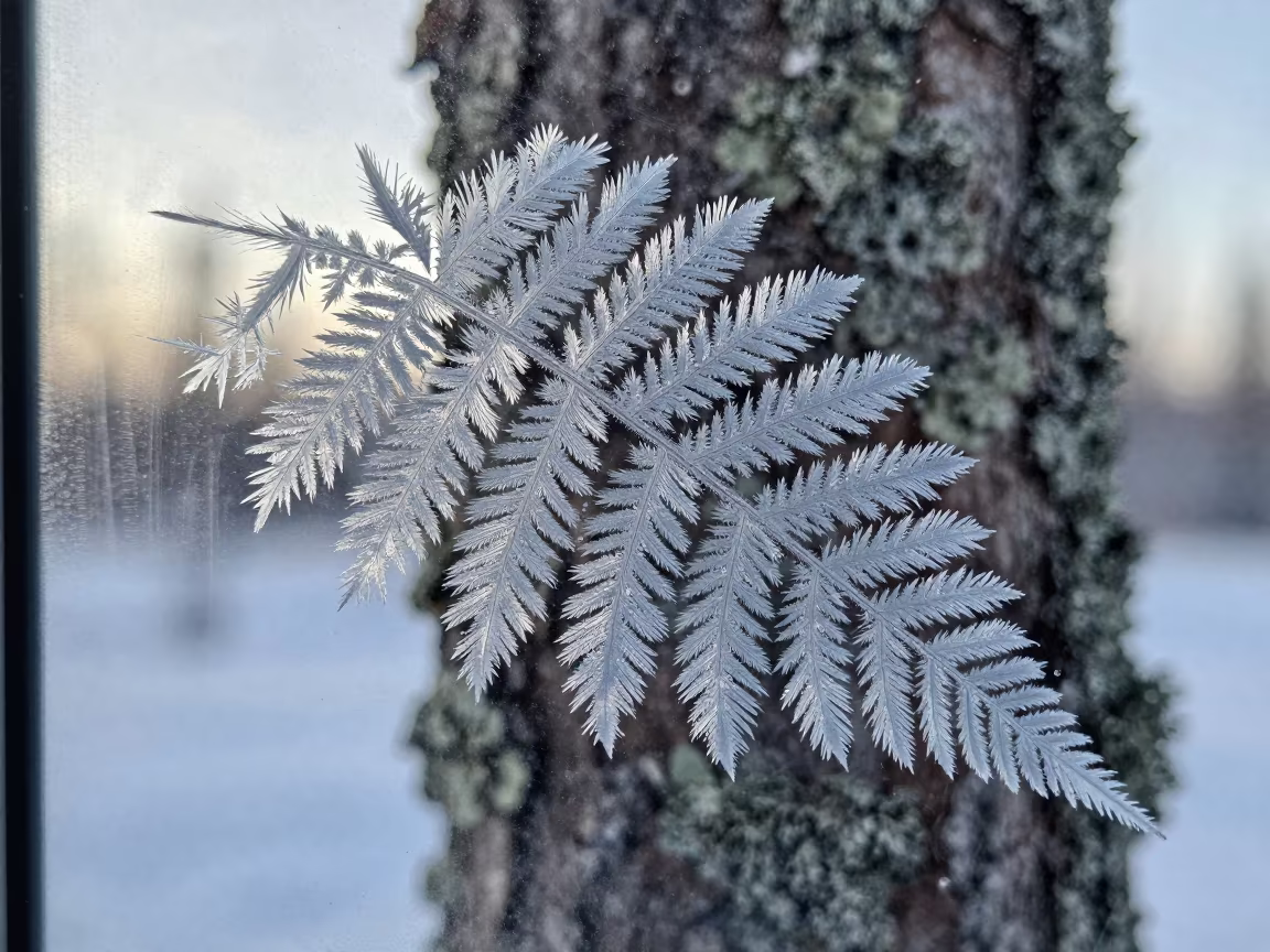 Winter Ice Crystals on North Window Near Whitehorse in on lichen-covered bark near Whitehorse