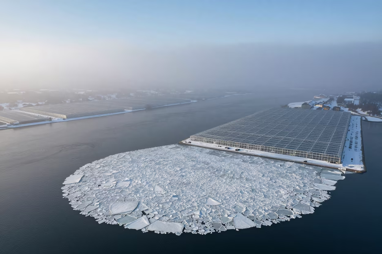 Winter Ice Floes Drifting Over Oslo Greenhouse Valleys in high over greenhouse grids near Oslo