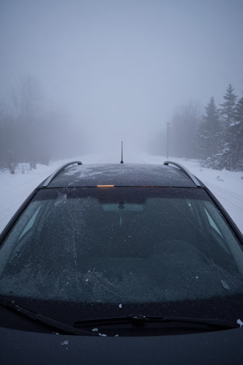 Winter Ice Pellets on Quebec Windshield in Fog in through low marine fog in Quebec