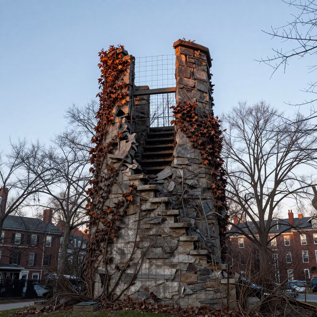 Winter Ivy Stair Tower Ruin Boston Dawn in near Jamaica Plain, Boston