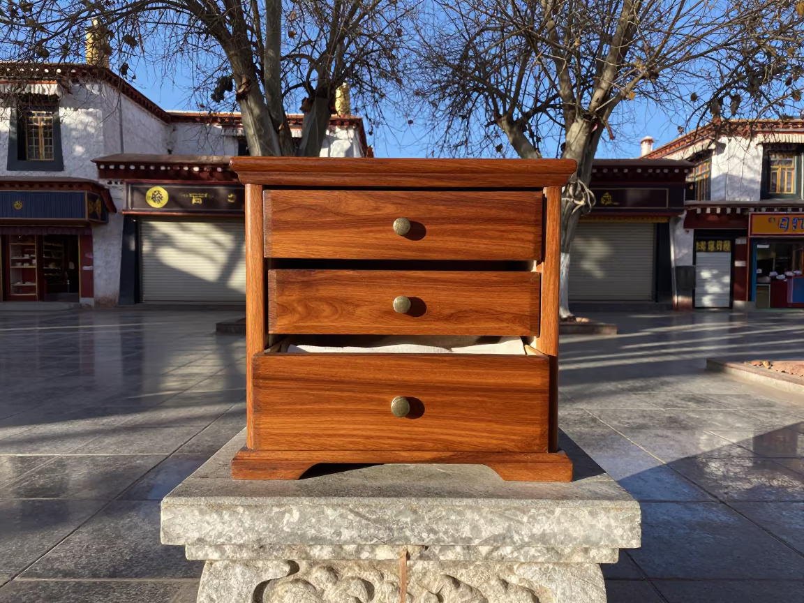 Winter Jewelry Cloth Drawer in Jokhang Square in outside a lit retail frontage after dark in Jokhang Square, Lhasa