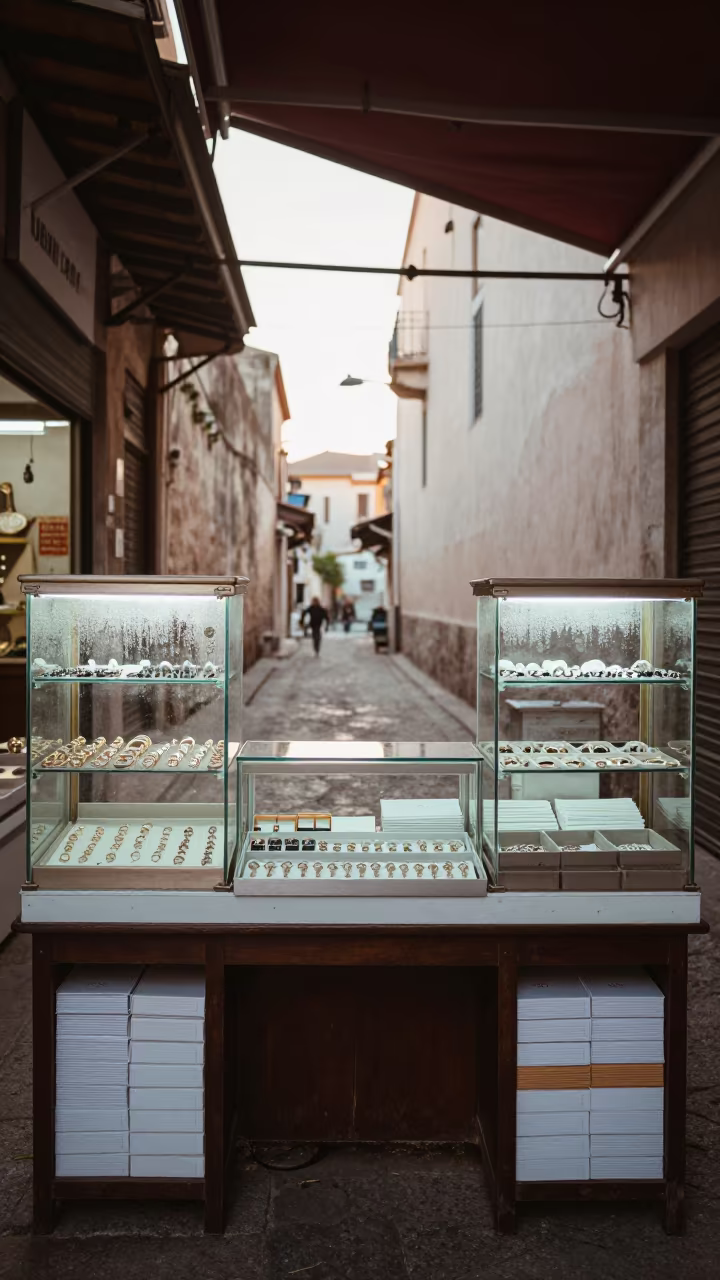 Winter Jewelry Service Desk in Palermo Bazaar in at a jewelry counter inside a covered bazaar near Palermo