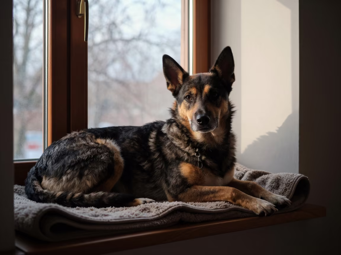 Winter Kelpie on Apartment Window Seat in on a window seat in a quiet apartment with soft side light in Bordj Bou Arreridj