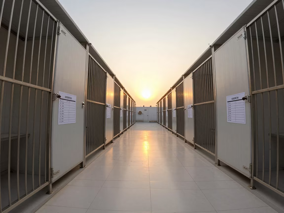 Winter Kennel Corridor at Sunset in Sargodha in inside an adoption room near Sargodha