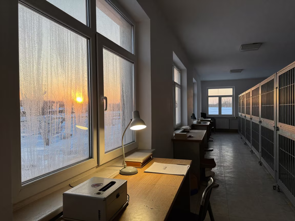 Winter Kennel Desk Under Honey Sunset Light in in a boarding kennel corridor near Oskemen