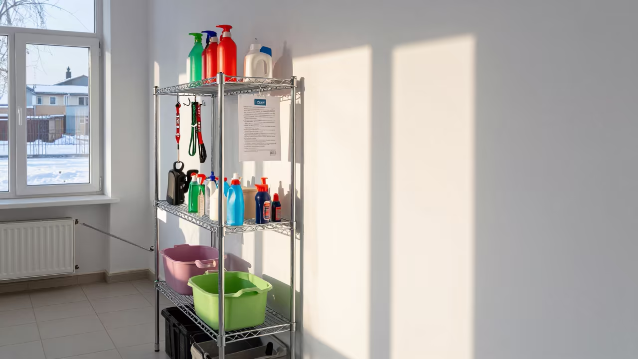 Winter Kennel Grooming Shelf With Name Tags in in a boarding kennel corridor near Samara