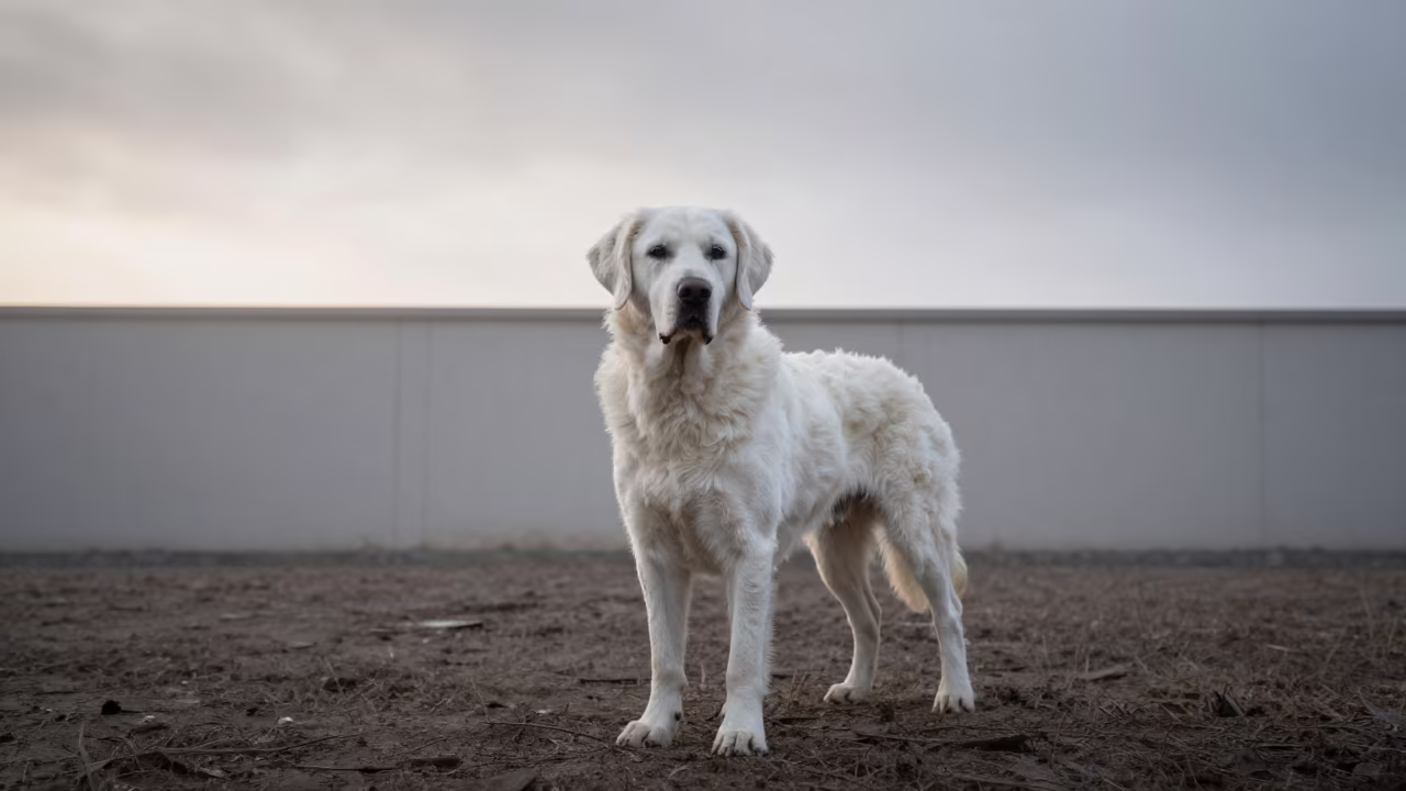Winter Komondor Portrait Beside Courtyard Wall in beside a plain courtyard wall in clear daylight with the animal at eye level in Leeds