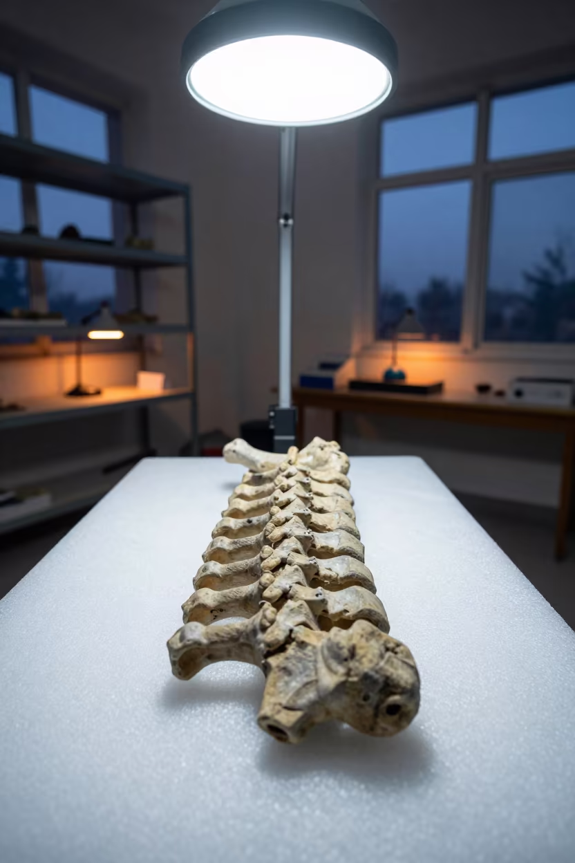 Winter Lab Fossil Vertebra on Foam in in a specimen archive room near Sargodha