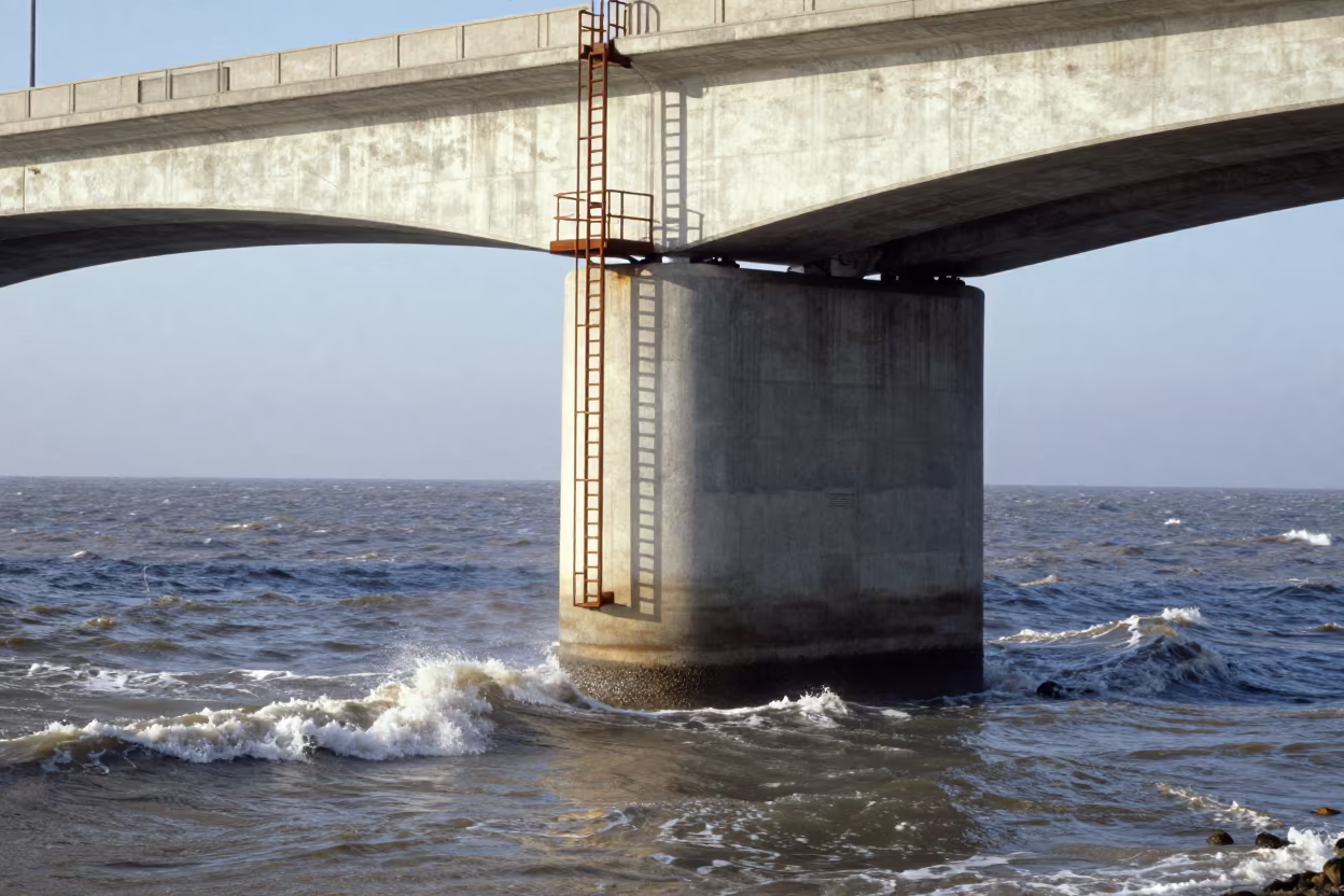 Winter Ladder on Bridge Pier Over Choppy Estuary in beneath a bridge span near Castellón de la Plana