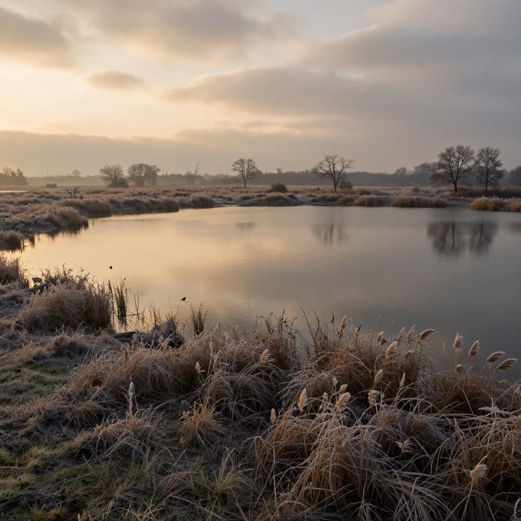 Winter Lake Under Golden Overcast Sky in across a storm-bright plain in Assam