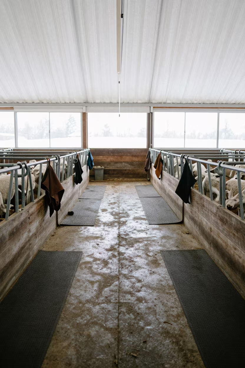 Winter Lambing Barn Stable Aisle with Saddle Racks in inside a lambing barn in Ohio