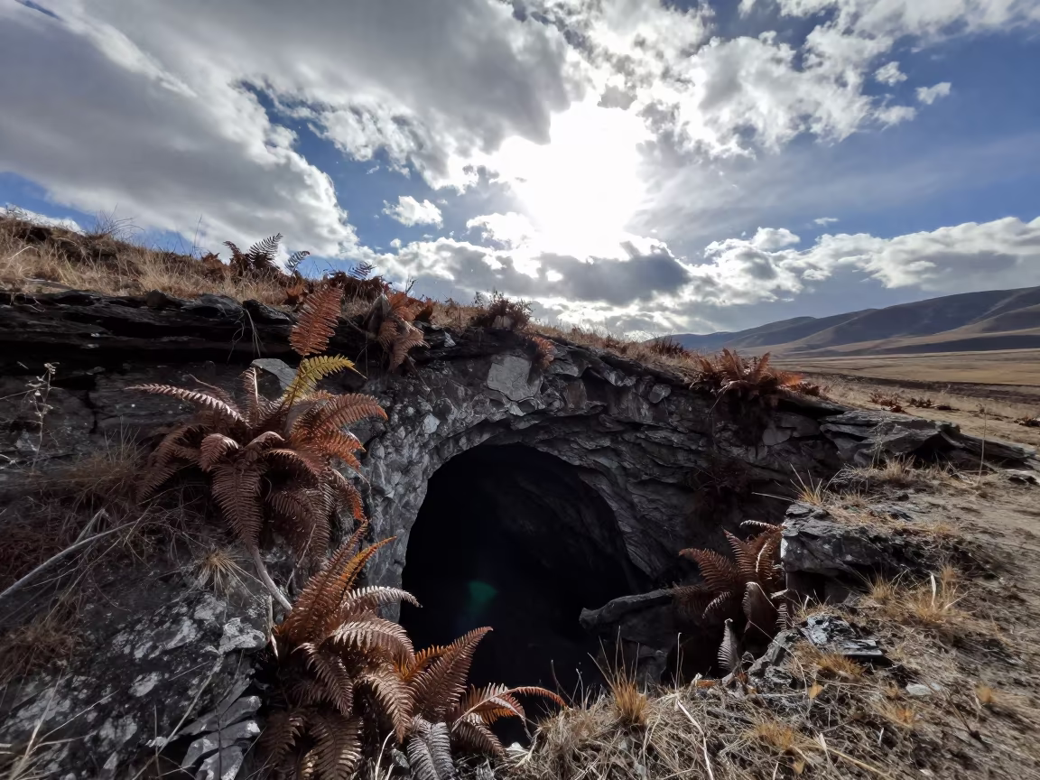 Winter Lava Tube Silhouette Under Noon Sky in near Almaty