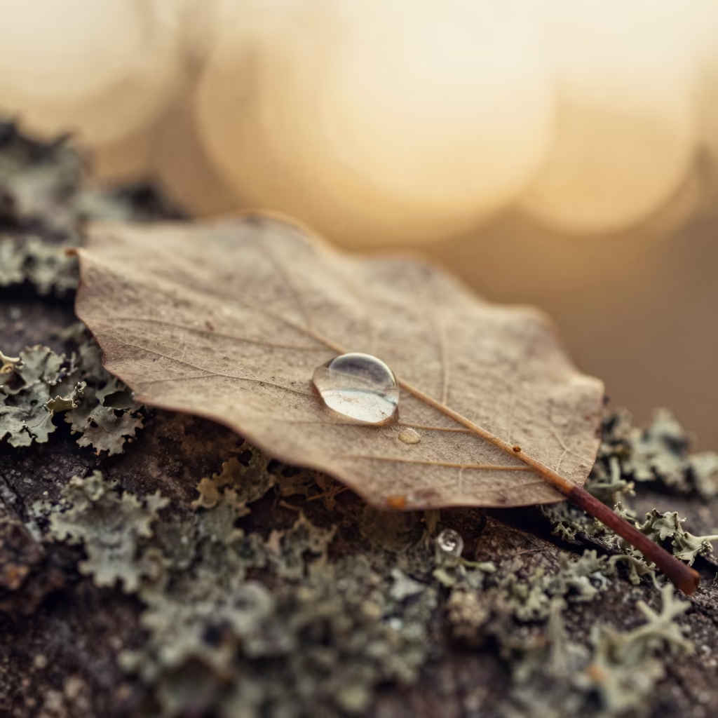 Winter Leaf Vein Water Droplet Macro in on lichen-covered bark near Malatya