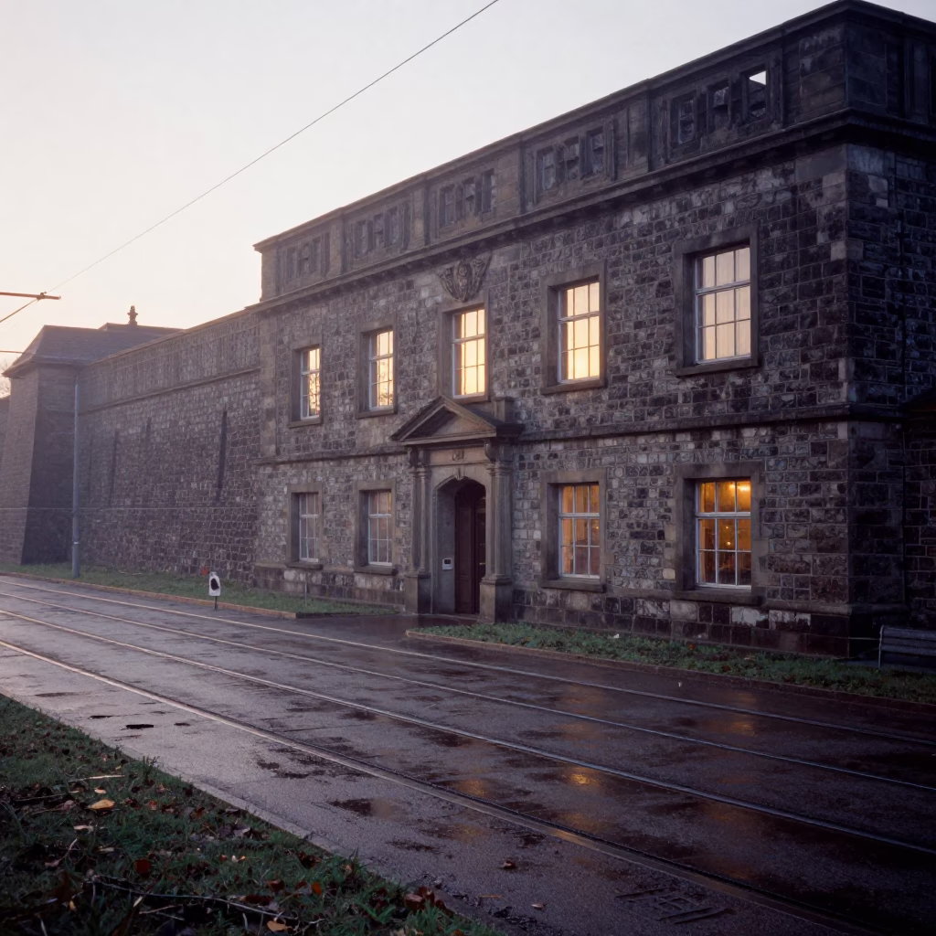 Winter Library Facade Beside Tram Lines at Dawn in outside a wind-scoured fortress wall in Germany