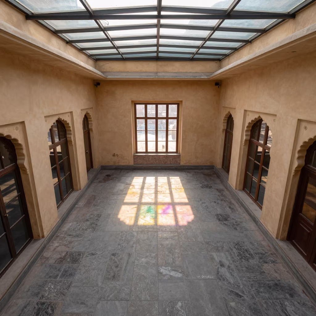 Winter Light Through Glass Arcade Floor Jaipur in inside a glass-roofed arcade in C-Scheme, Jaipur