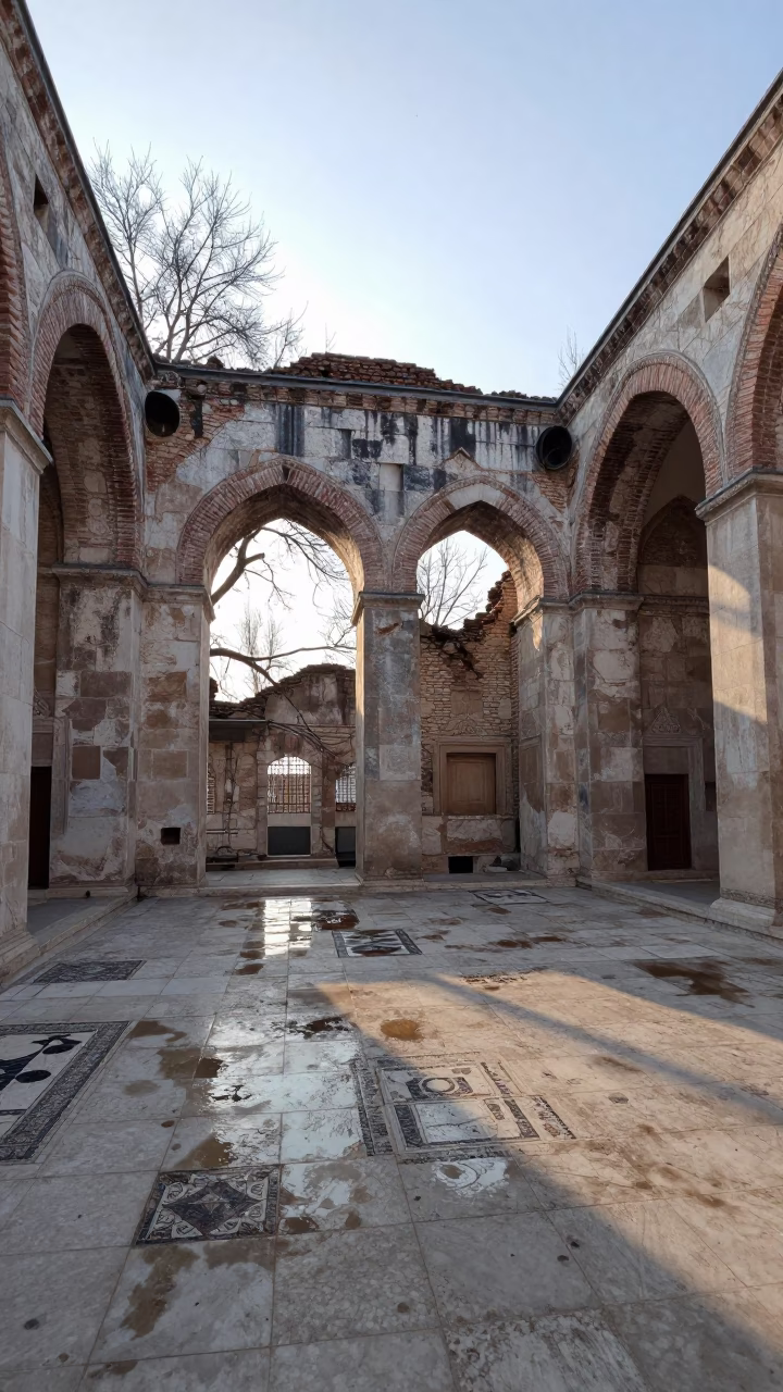 Winter Light Inside Roofless Ottoman Hammam Ruin in inside a roofless hammam near Istanbul