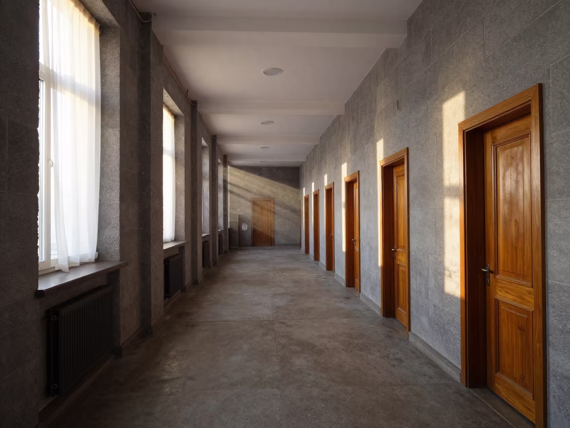 Winter Light in Kaunas Courtroom Hallway in in a courthouse corridor in Kaunas