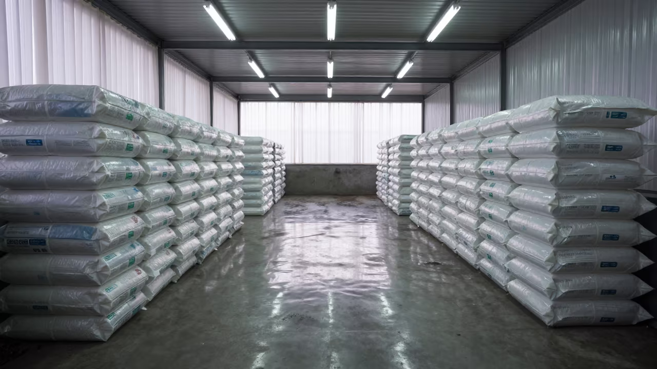 Winter Light Reflects on Moldovan Milking Floor in inside a machine shed with seed bags stacked high in Moldova