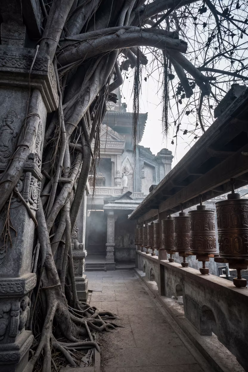 Winter Light on Temple Ruin in Bucharest in beside a prayer wheel corridor in Bucharest