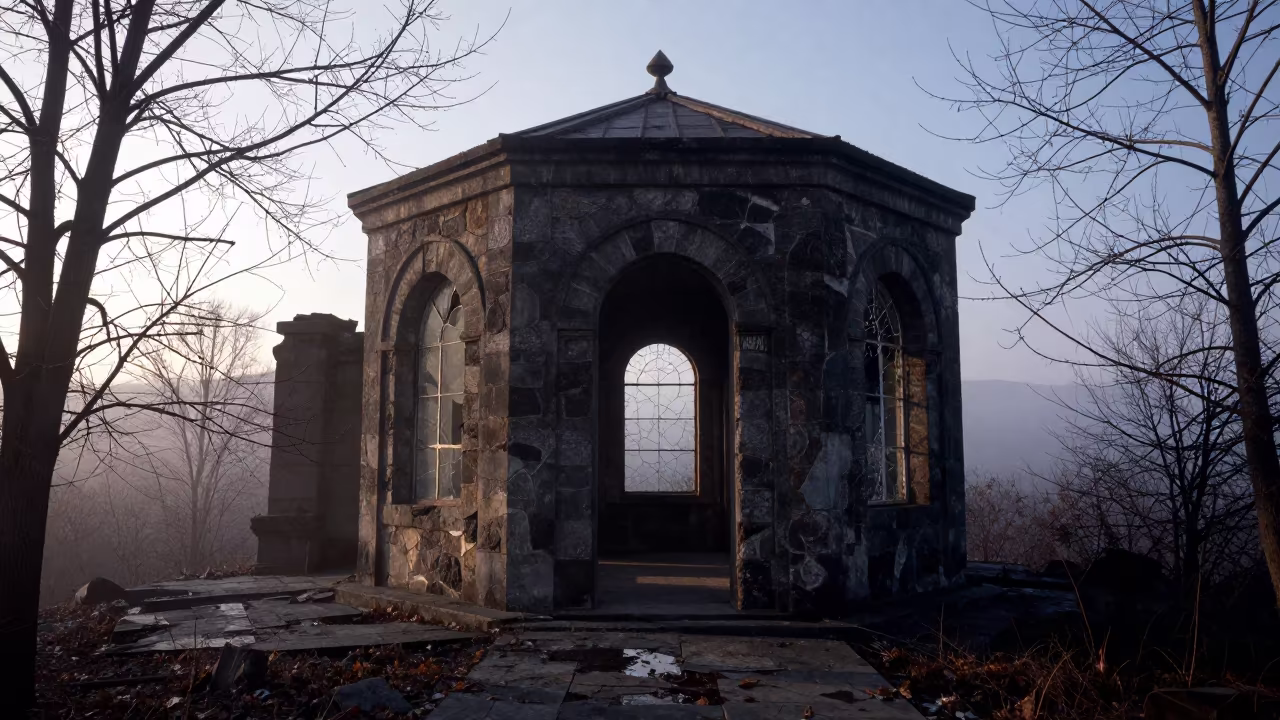 Winter Lighthouse Lens in Abandoned Hammam in inside a roofless hammam in Georgia
