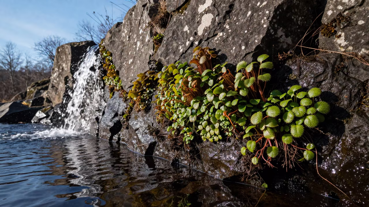 Winter Liverwort on Wet Stone by Waterfall in in Georgia