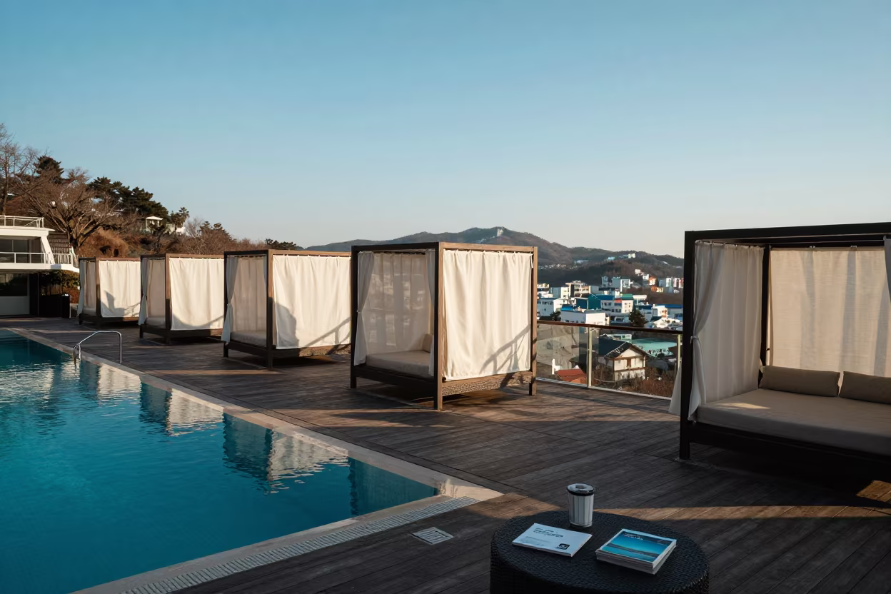 Winter Lodge Terrace Cabanas Busan Morning Light in on a lodge terrace above the valley near Busan