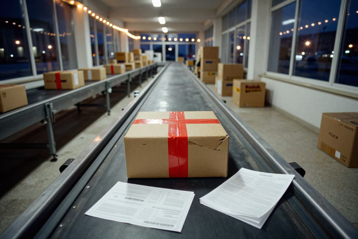 Winter Logistics Bay Inspection with Red Tape in at a parcel sorting belt near Giresun