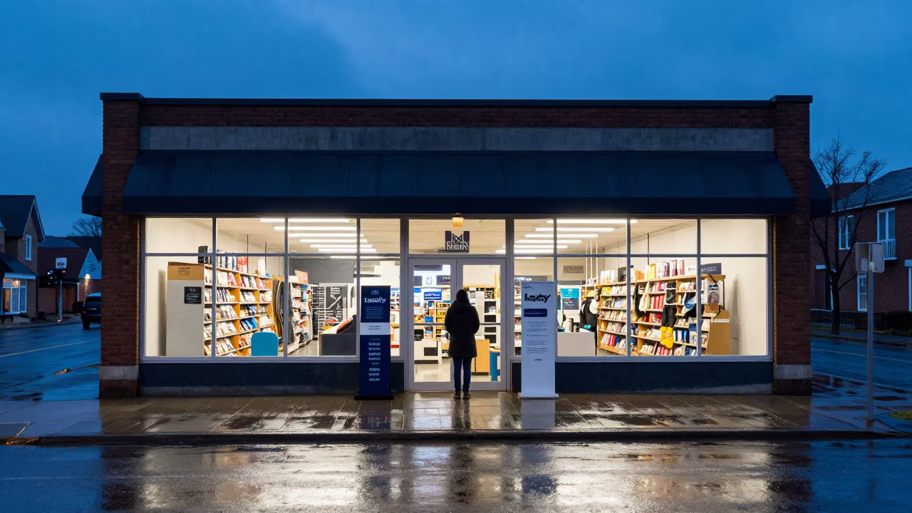 Winter Loyalty Stand Reflections Blue Hour in beneath a shop awning at blue hour in Brantford