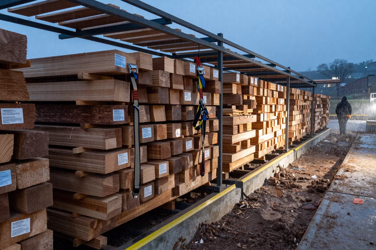 Winter Lumber Pack Before Dawn in Galicia in inside a taped-off excavation edge in Galicia