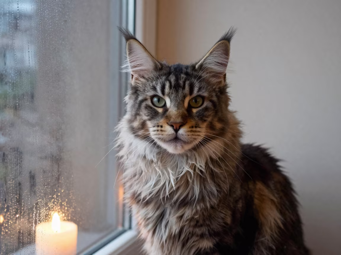 Winter Maine Coon Portrait in Pilsen Candlelight in beside a plain plaster wall in soft indoor light with the animal centered in frame in Pilsen, Chicago
