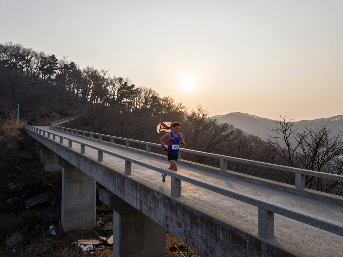 Winter Marathon Runner on Daegu Bridge at Dawn in on a mountain path near Daegu