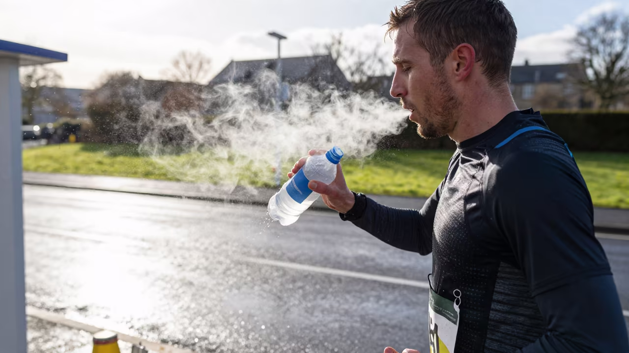 Winter Marathon Runner at Galway Water Station in at a roadside stop near Galway