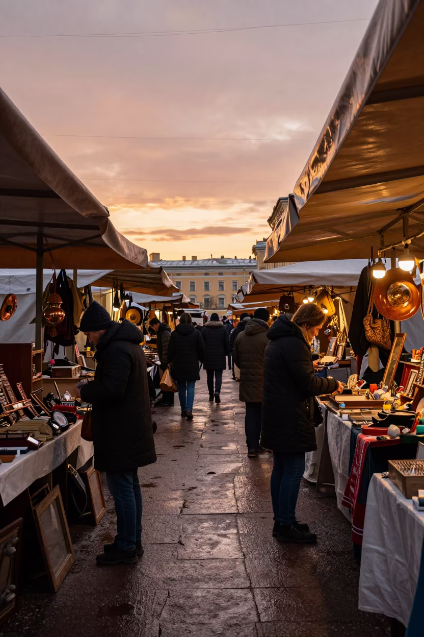 Winter Market Aisle St Petersburg Amber Light in in a flea market lane in St Petersburg