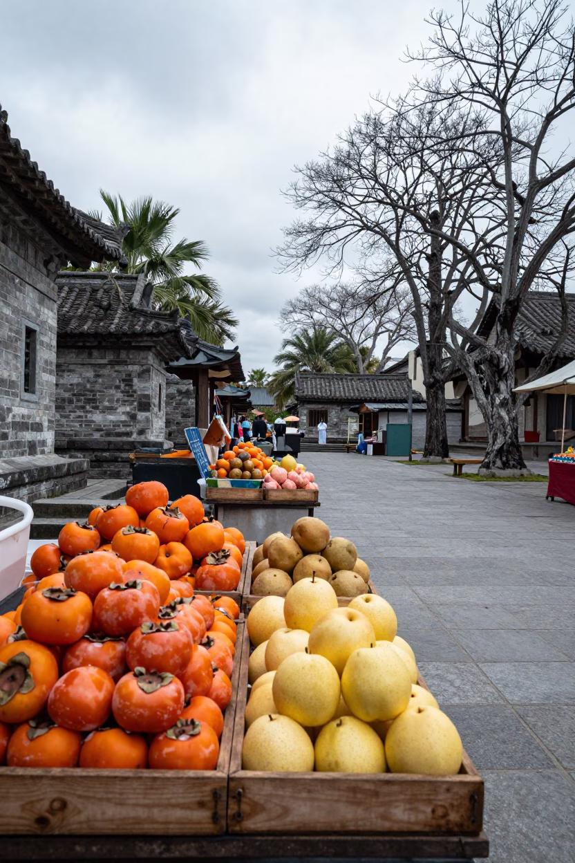 Winter Market Persimmons Pears Courtyard Light in in a temple courtyard in Jyväskylä