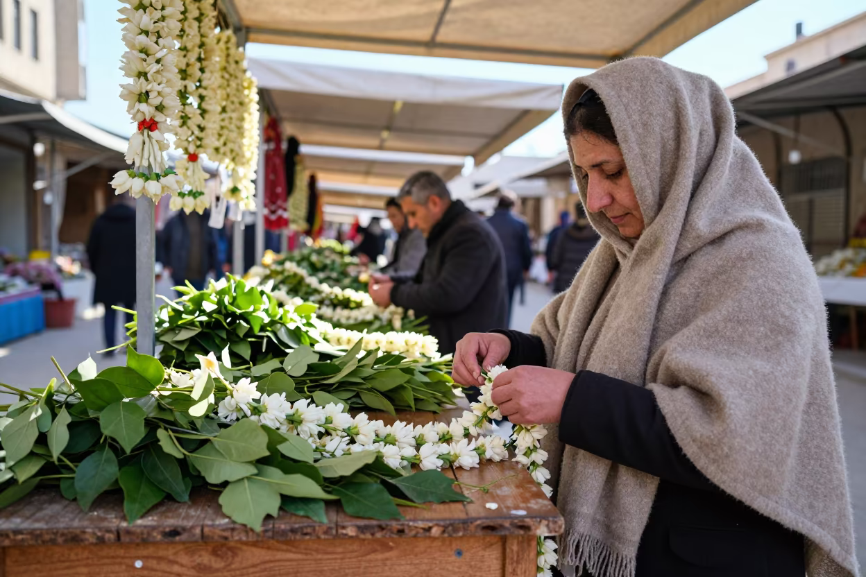 Winter Market Weaver of Jasmine Garlands in under a market canopy in Kahramanmaraş