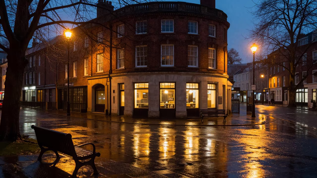 Winter Midnight Plaza Reflections Amber Streetlights in outside a corner cafe in Cambridge