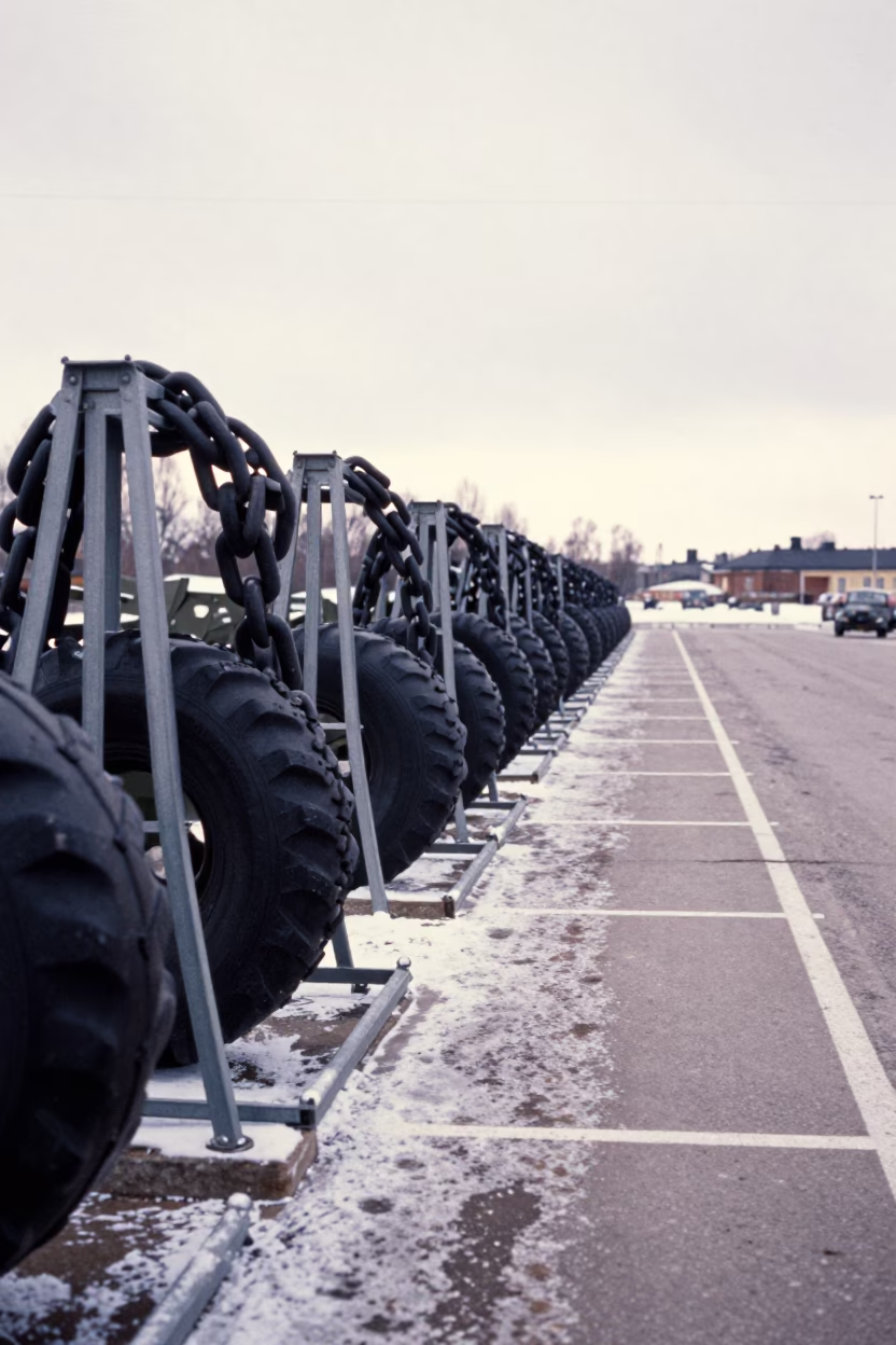 Winter Military Tire Chain Rack at Helsinki Checkpoint in at a checkpoint lane in Helsinki