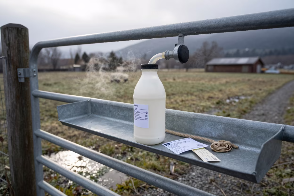 Winter Milk Hose Shelf Barn Gate BC in beside a pasture gate in British Columbia