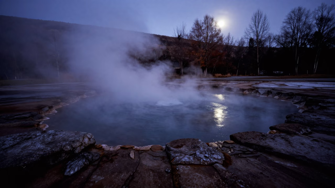 Winter Mist Rising From Basque Hot Spring Moonlight in in the Basque Country