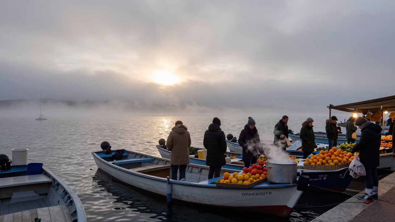 Winter Mist Rising Over Marseille Floating Market Boats in at a floating market boat in Marseille