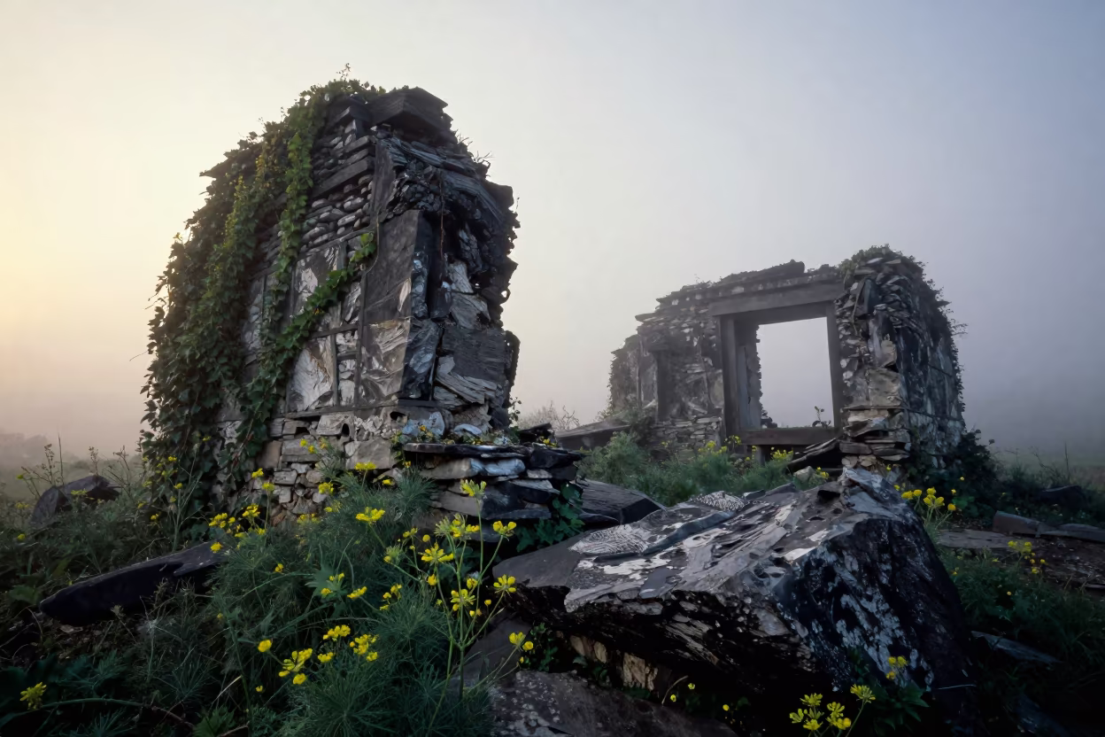 Winter Mist Ruins and Fennel Beside Norbulingka in beside ivy-draped masonry near Norbulingka, Lhasa