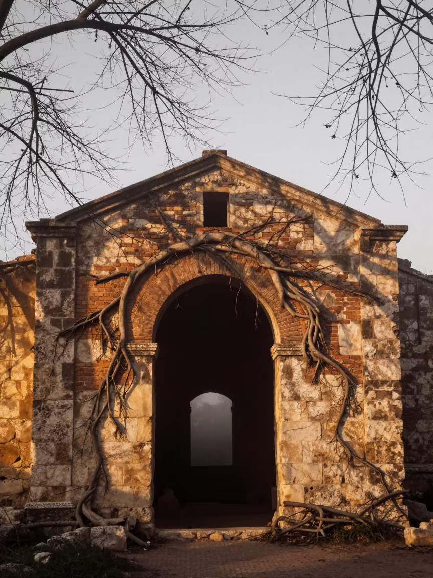 Winter Mist Tunnel Mouth Reclaimed by Roots in inside a roofless nave in Lebanon