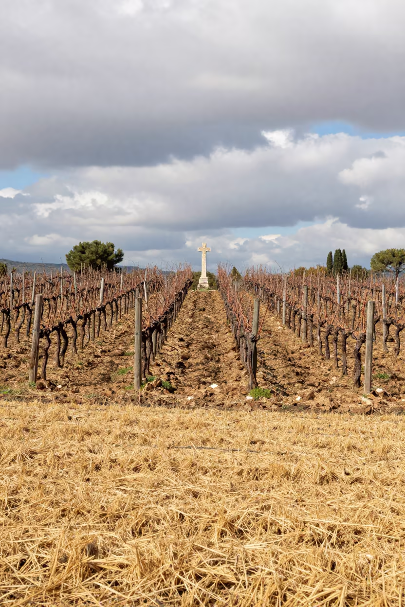 Winter Monastery Vineyard Rows with Stone Cross in across a harvested grain field in Catalonia